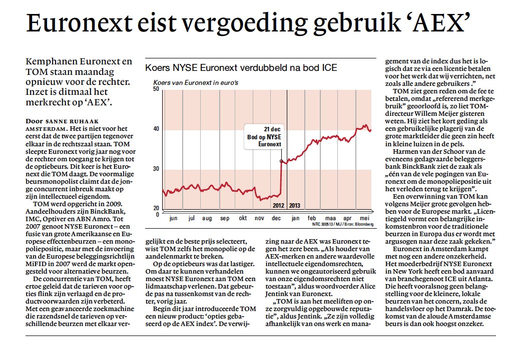 Euronext eist vergoeding gebruik ‘AEX’ / NRC Handelsblad